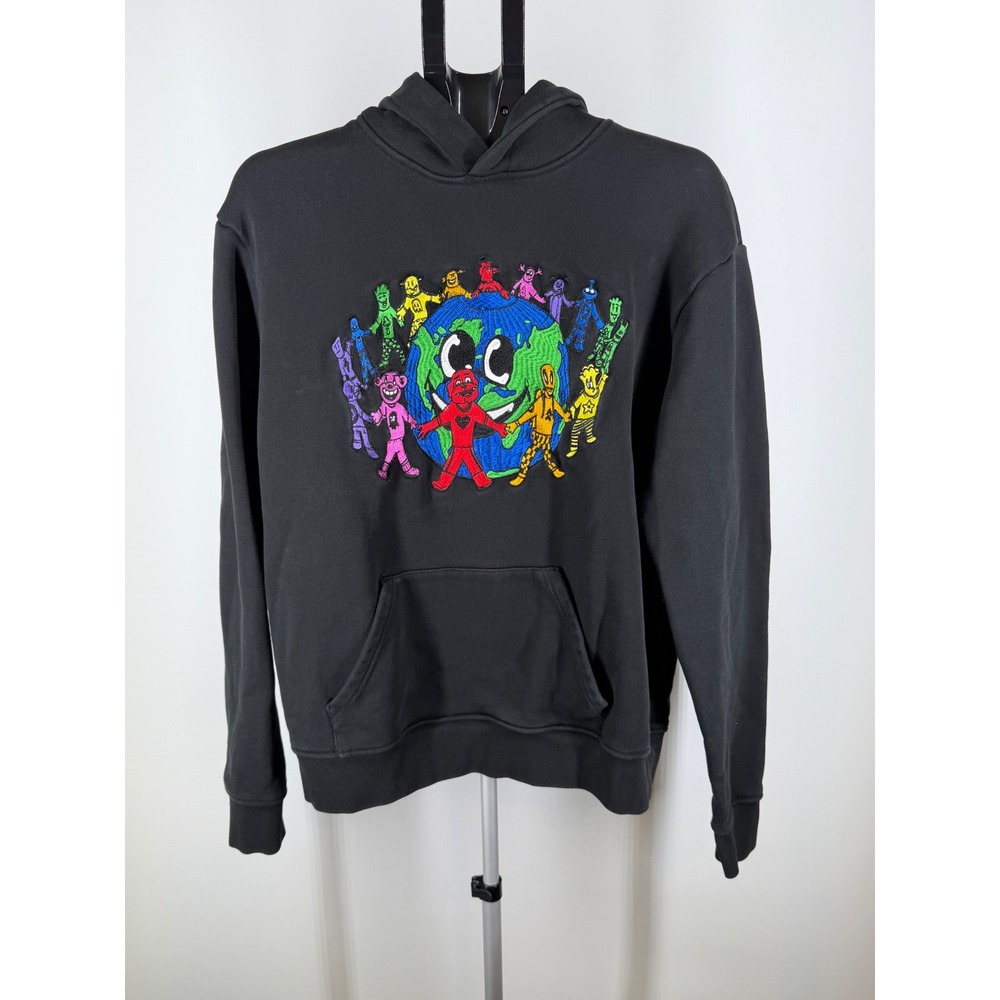TREVY Earth Embroidered Hoodie Black Mens Large Streetwear‎ Graphic Sweatshirt
